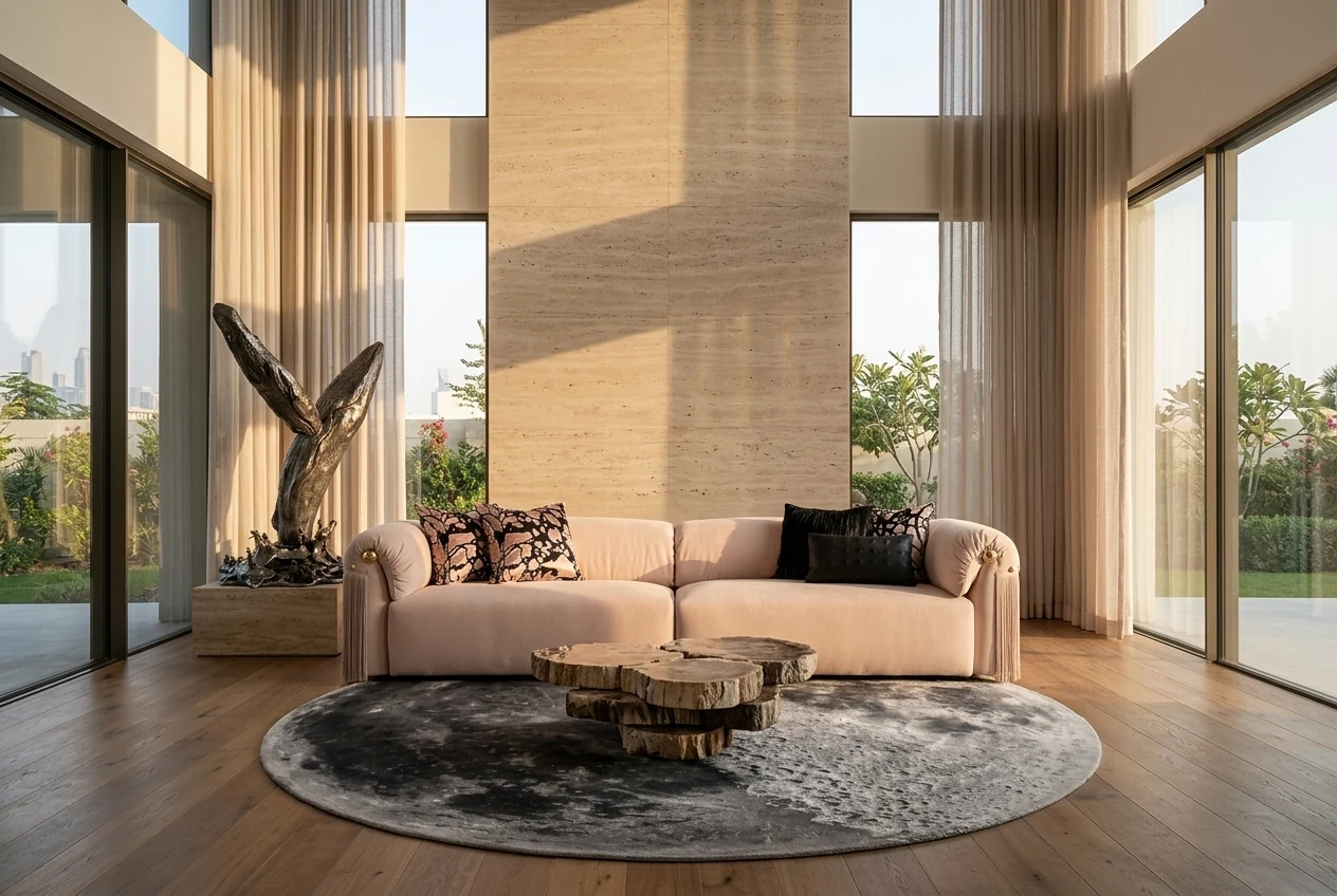 Luxury villa living room styled with the Valen sofa, a bronze sculpture and the Luna rug