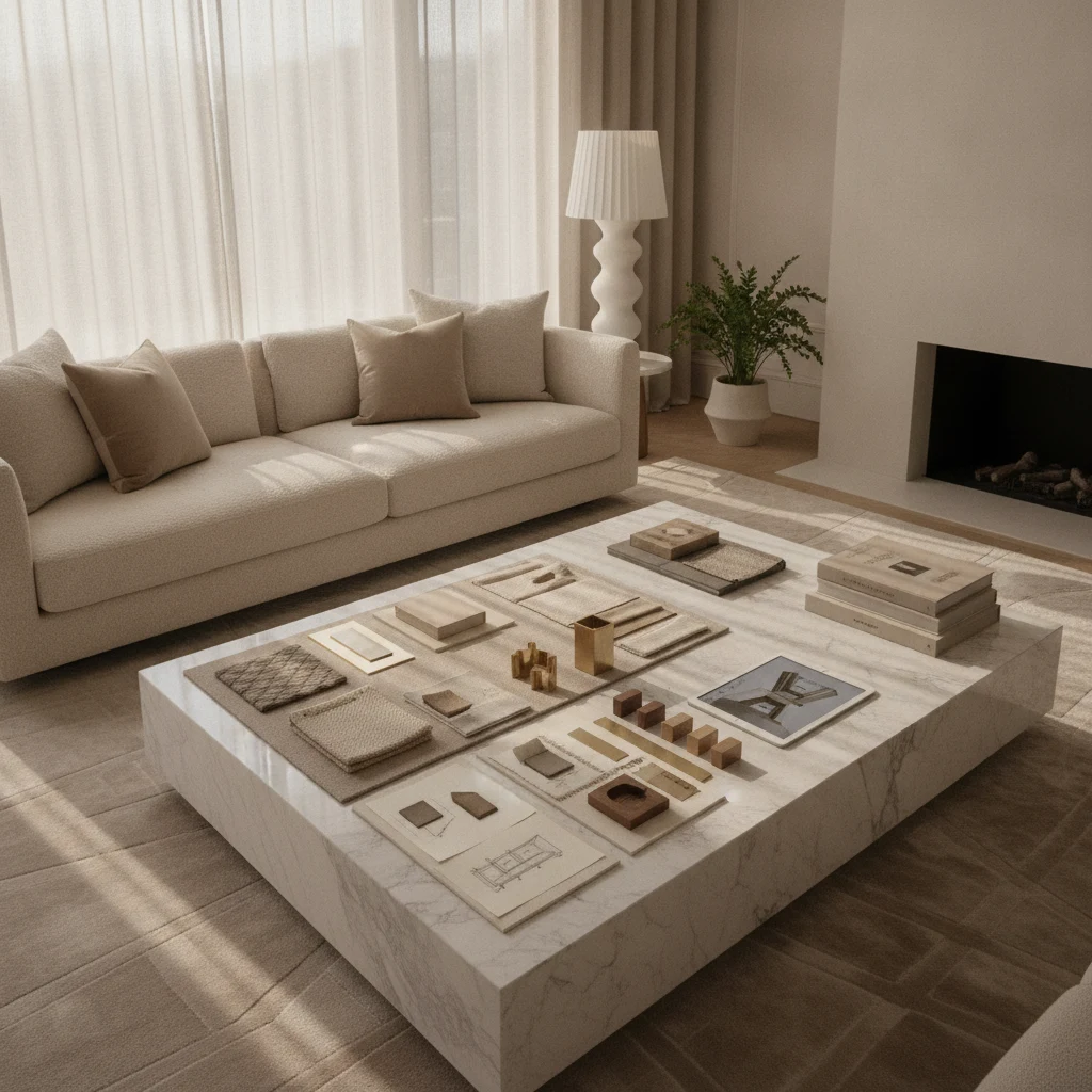 Elegant living room styled by DESROCH with a designer material board