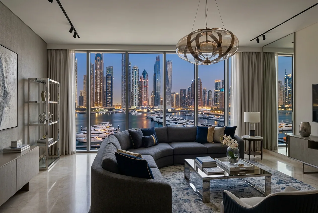 Illustrative interior planning image for Dubai Marina; not evidence of a completed DESROCH project