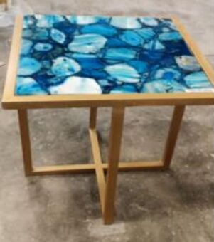 DESROCH MODERN BLUE+GOLD TIGER EYE MARBLE SIDE TABLE
