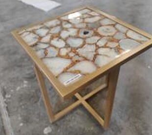 DESROCH MODERN WHITE+GOLD TIGER EYE MARBLE SIDE TABLE