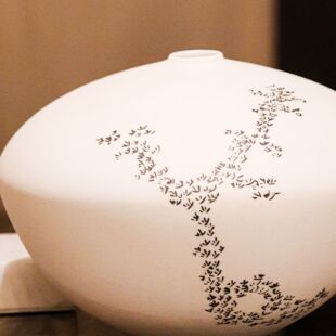 TABLE TOP DECORATIVE WHITE AND BLACK HANDPAINTED POT