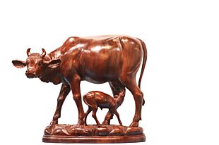 DESROCH MODERN LUXURY SOLID WOOD UNIQUE COW AND CALF SCULPTURE